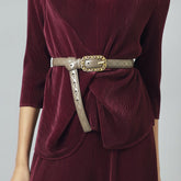 Taupe leather women's belt with distinctive quilted-link metal leather